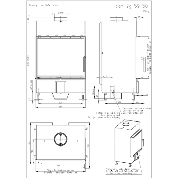 Plieninis židinio ugniakuras Romotop KV HEAT H2N01, stiklo i&scaron;matavimai 589x498 mm