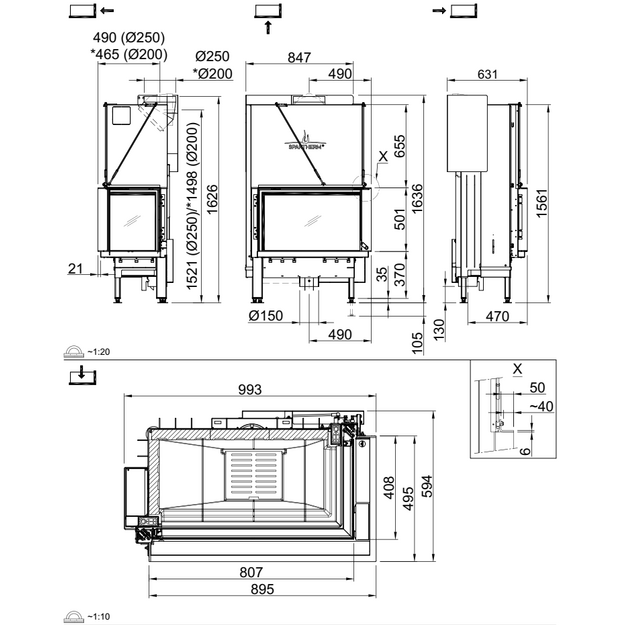 Plieninis židinio ugniakuras Spartherm Premium V-2R-80h, &oslash;200mm, su kampiniu stiklu de&scaron;inėje, juodi &scaron;amotai