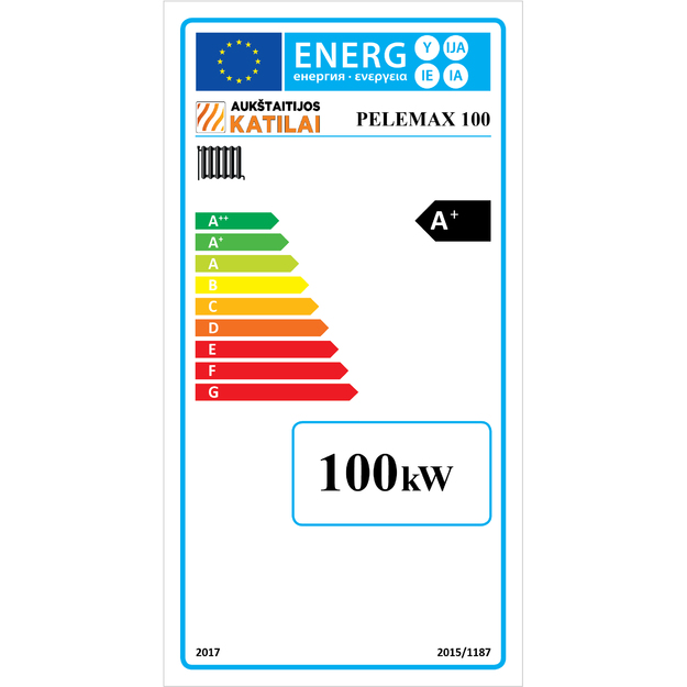 Granulinis katilas Pelemax 100 kW, komplekte su rotaciniu 70 kW degikliu, 1000 l bunkeriu