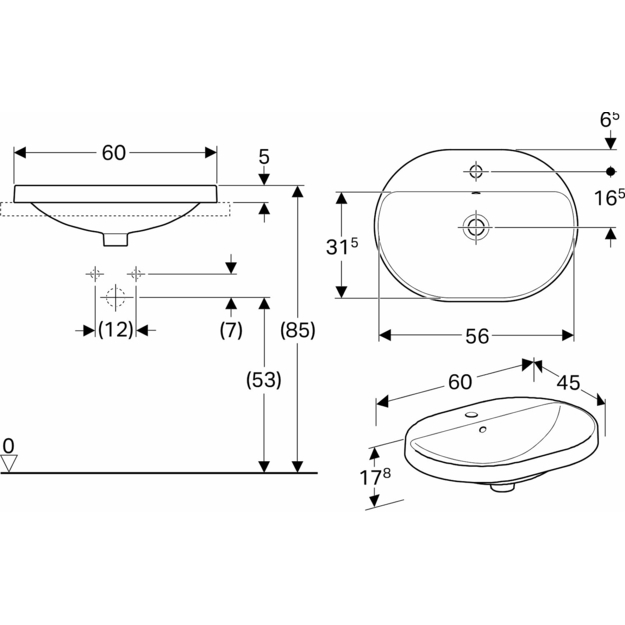 Praustuvas įleidžiamas VariForm 60 cm, elipsės formos, baltas