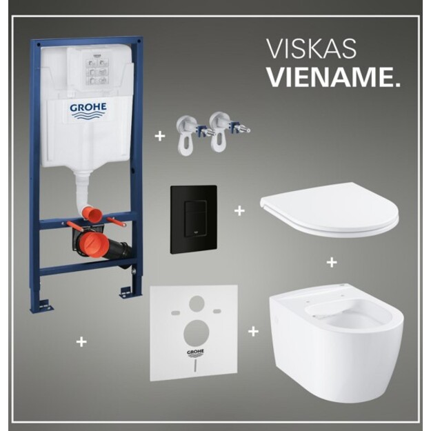 Grohe Solido potinkinio rėmo, Start Round WC rimless, tvritinimų ir matinio juodo mygtuko komplektas, 3-6 l, 1.13 m