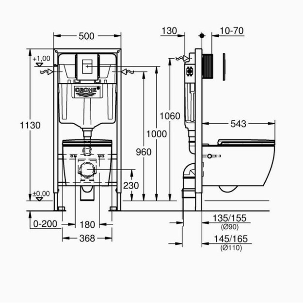 Grohe Solido potinkinio rėmo, Start Round WC rimless, tvritinimų ir matinio juodo mygtuko komplektas, 3-6 l, 1.13 m