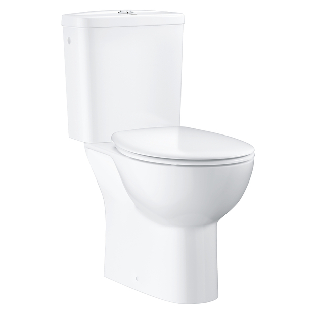 Pastatomas WC puodas Grohe BAU Rimless su bakeliu, dangčiu soft-close, horizontalus i&scaron;b.