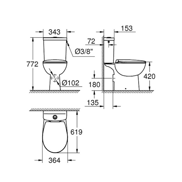 Pastatomas WC puodas Grohe BAU Rimless su bakeliu, dangčiu soft-close, horizontalus i&scaron;b.