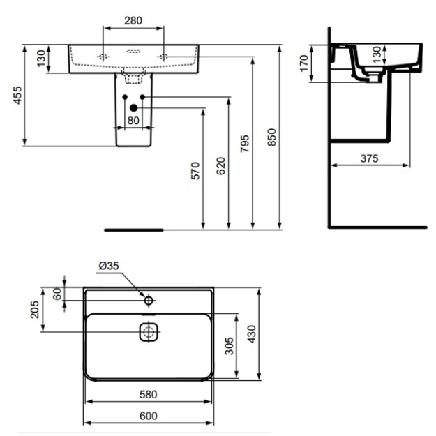 Ideal Standard STRADA II praustuvas 60 cm (60 x 43 x 17 cm), tvirtinamas prie sienos, baltas