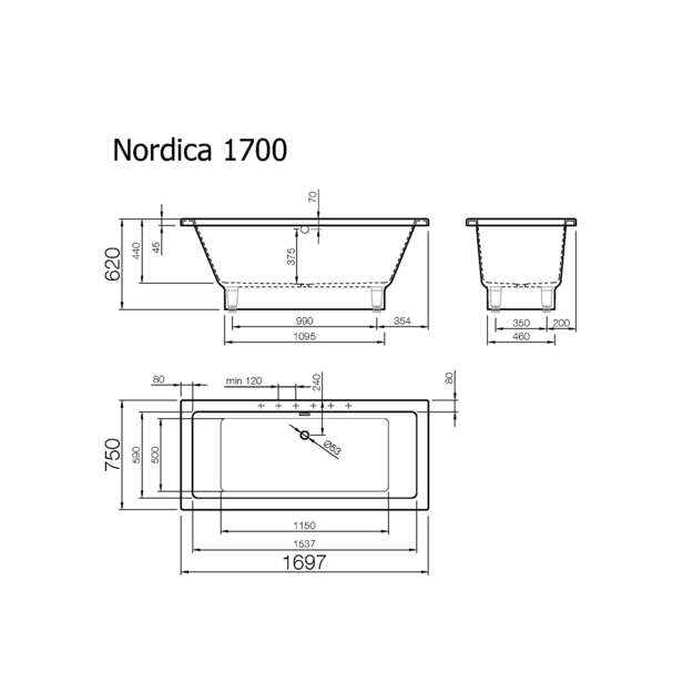 Akmens masės vonia Vispool Nordica 1690x750 mm su paslėptomis kojomis, balta