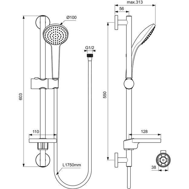 Du&scaron;o komplektas 600mm Ideal Standard Idealrain, su muiline