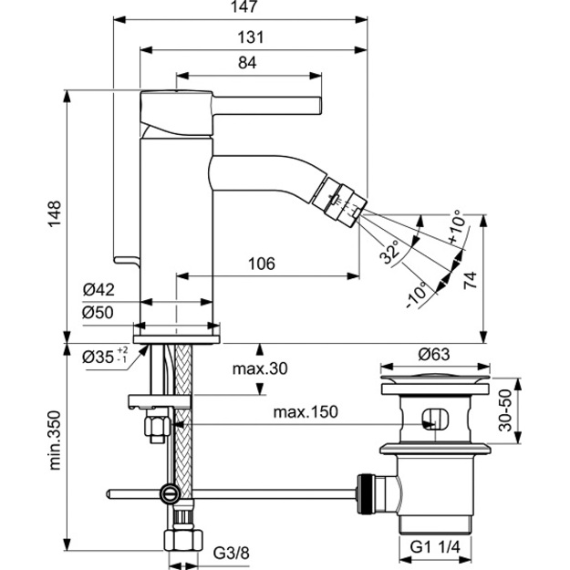 Ideal Standard Ceraline bide mai&scaron;ytuvas su dugno vožtuvu, matinė juoda
