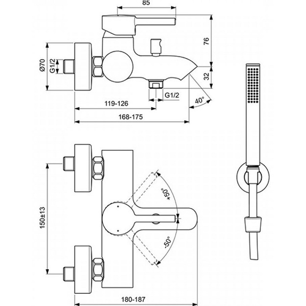 Ideal Standard Ceraline vir&scaron;tinkinis vonios/du&scaron;o mai&scaron;ytuvas su du&scaron;o komplektu, juoda matinė spalva