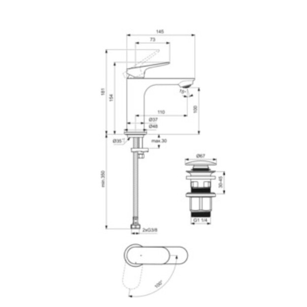 Praustuvo mai&scaron;ytuvas Ideal Standard CeraLife O H100 su &bdquo;click-clack&ldquo; dugno vožtuvu, 3,8 l/min, chromas