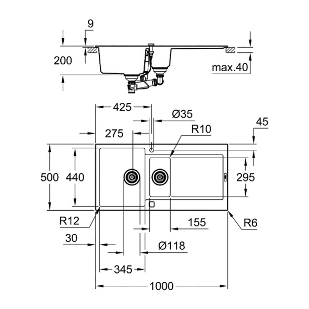 Grohe akmens masės plautuvė K500, 1000x500 mm, granito juoda