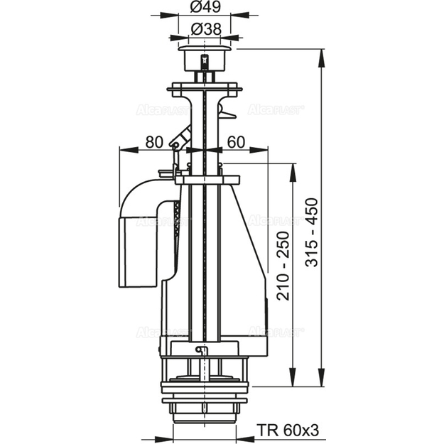WC nuleidimo mechanizmas, A08A dvig. 3/6 ltr., unitazų bakeliams