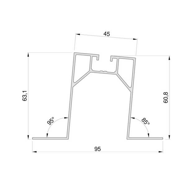Minirail trapecinei stogo dangai su EPDM juosta, KAMPU (h - 6,3 cm  l - 33,0 cm)