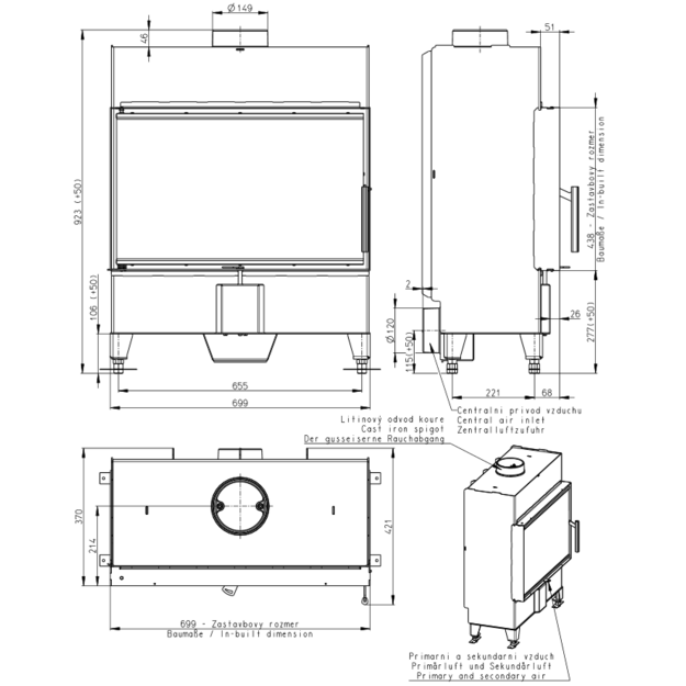 Plieninis židinio ugniakuras Romotop KV HEAT H2P13 70.44.13 (gylis 370mm)
