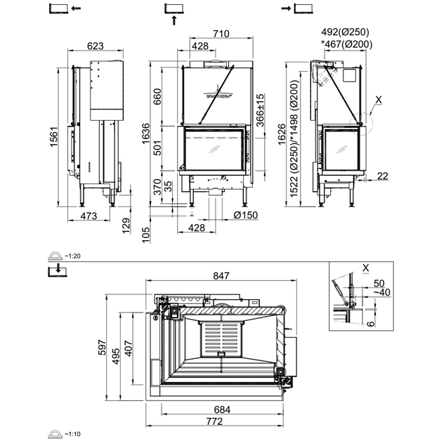 Plieninis židinio ugniakuras Spartherm Premium V-2L-68h, &oslash;200 mm, su kampiniu stiklu kairėje
