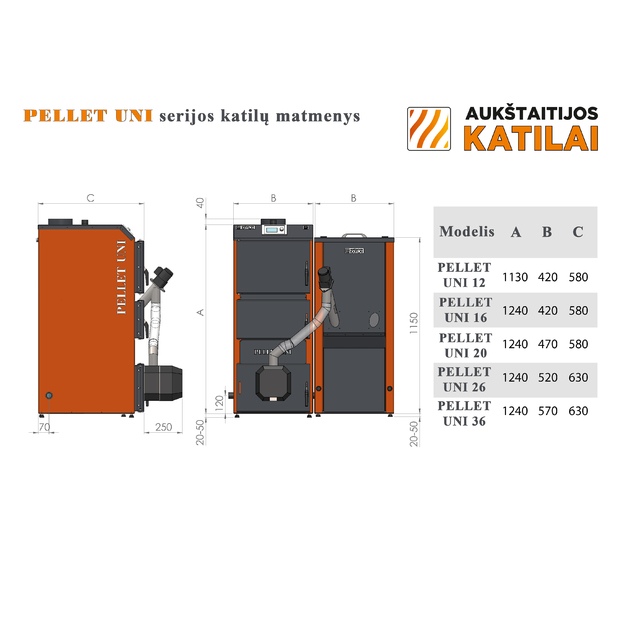 Granulinis katilas PELLET UNI 20 kW  su rotac. 16 kW degikliu, sraigtu, 350 l met. bunkeriu