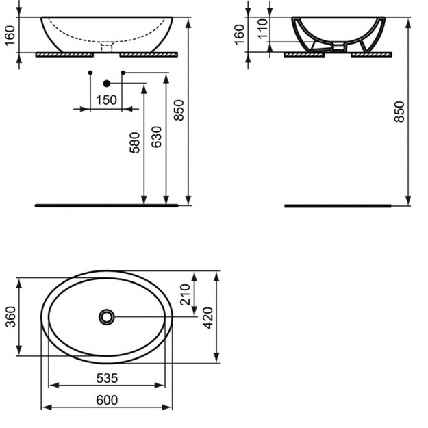 Ideal Standard STRADA O praustuvas montuojamas ant stalvir&scaron;io 60x42 cm, juodas