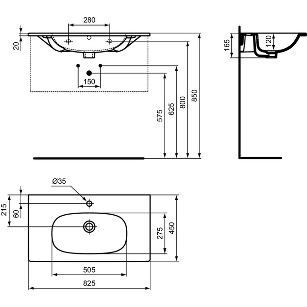 Ideal Standard Tesi praustuvas montuojamas ant spintelės 82,5 cm (825x450x165), matinė juoda