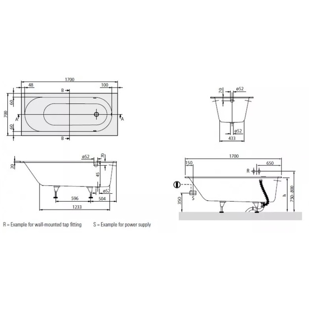 Vonia V&B Oberon 1700x750 mm su klijuojamomis kojomis, Quaryl, balta