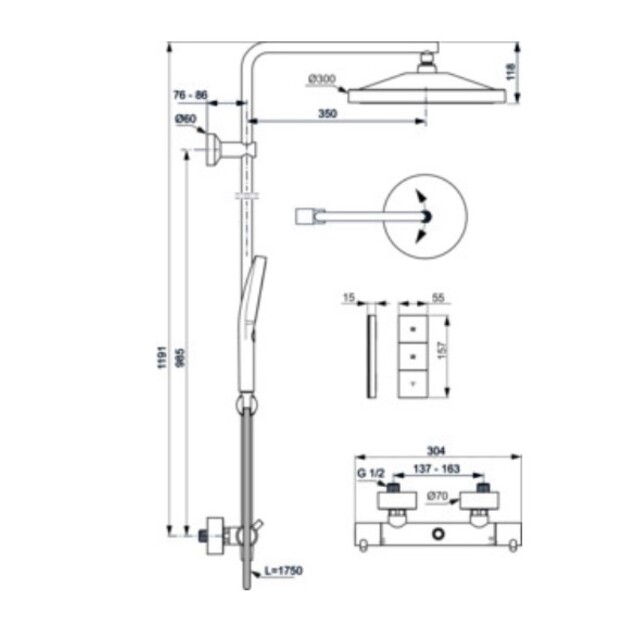 Termostatinė du&scaron;o sistema Ideal Standard T125+ su apvalia 300 mm, 3 funkcijų pagrindine du&scaron;o galva 12 l/min