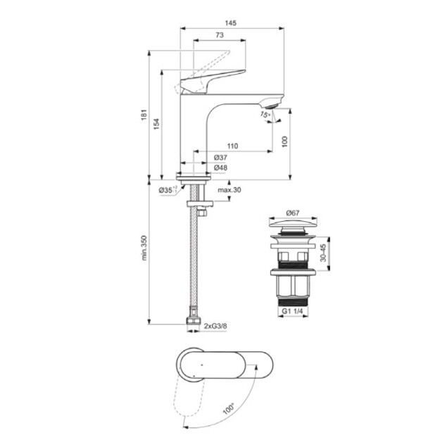 Praustuvo mai&scaron;ytuvas Ideal Standard CeraLife O H100  su &bdquo;click-clack&ldquo; dugno vožtuvu, 3,8 l/min, matinė juoda