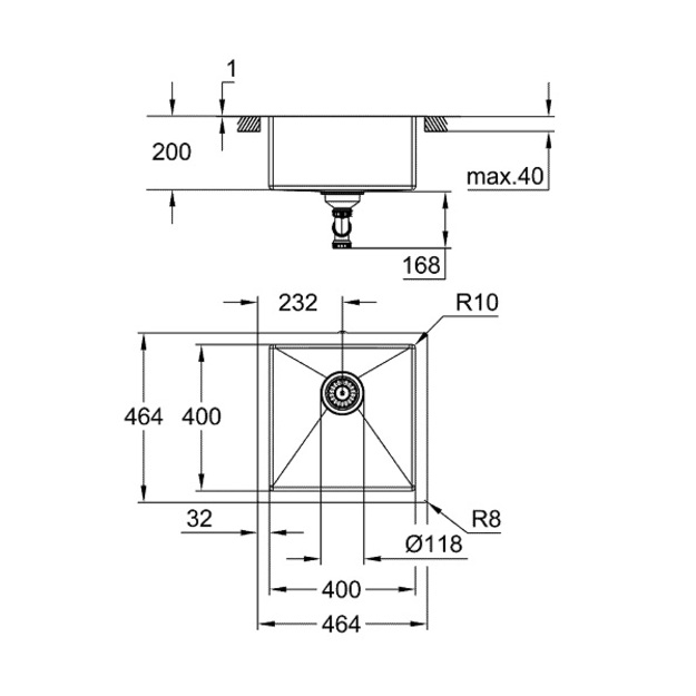 Grohe nerūdijančio plieno plautuvė K700 45-S 464x464, montuojama i&scaron; apačios