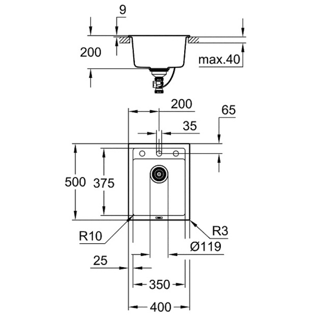 Grohe akmens masės plautuvė K700, 400x500 mm, granito juoda spalva