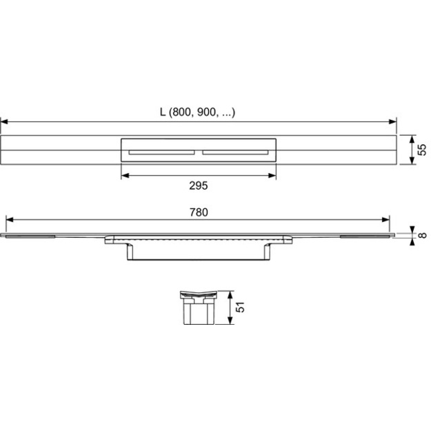 TECEdrainprofile du&scaron;o profilis 800x55 mm, poliruotas nerūdijantis plienas
