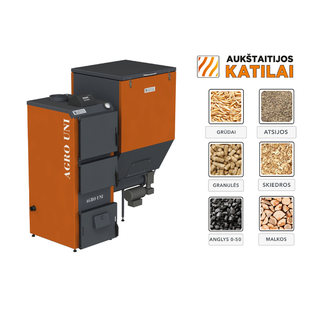 Granulinis katilas Agro UNI 20 kW, komplekte su 20 kW  Zenono  degikliu, 600 l bunkeriu