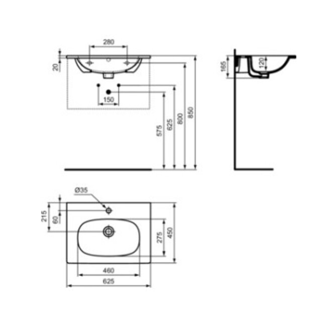 Praustuvas Ideal Standard Tesi  montuojamas ant spintelės 63 cm (625 x 450 x 165), balta spalva