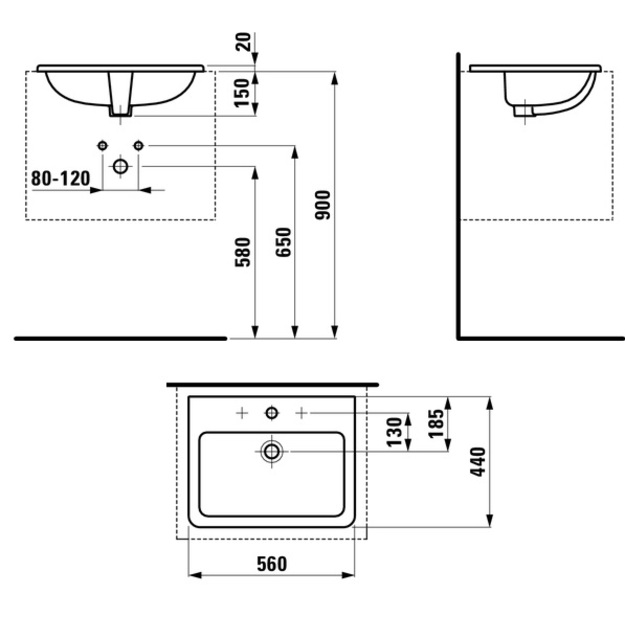 Įleidžiamas praustuvas Pro S 560x440 mm,  su 3 angomis mai&scaron;ytuvui, baltas