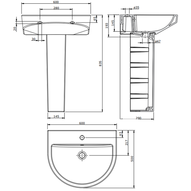 Praustuvas Urby 600x500x193 mm, su 1 skyle mai&scaron;yt, mont. rink., baltas