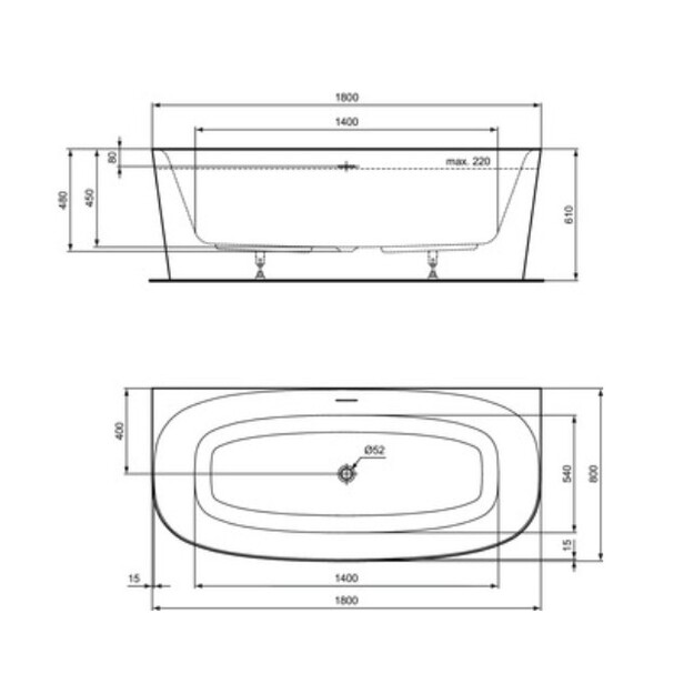 Ideal Standard Dea Duo prie sienos statina akrilinė vonia 180x80 cm  su Click-Clack nuotekų vožtuvu, vidus ir i&scaron;orė mati