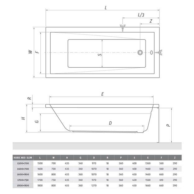 Aklilinė vonia Kubic Neo Slim 1500x700 mm, balta