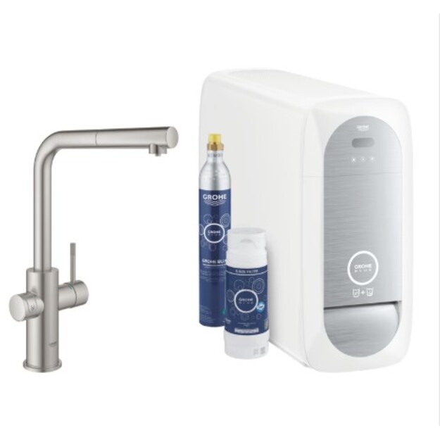GROHE Blue Home vienasvirtis L formos mai&scaron;ytuvas su filtravimo sistema ir i&scaron;traukiamu snapu, supersteel spalva