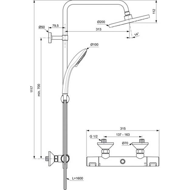 Ideal Standard termostatinė du&scaron;o sistema Ceratherm T25, chromas