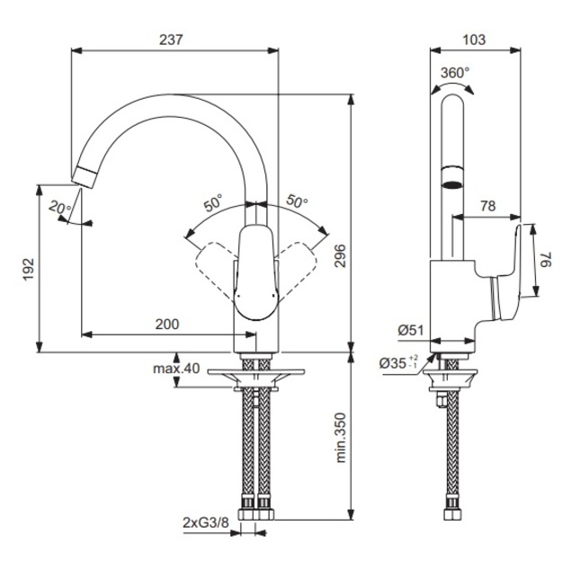 Ideal Standard CERAFLEX plautuvės mai&scaron;ytuvas, CLICK technologija, vandens temperatūros ribojimas, sukiojamas snapas, ch.