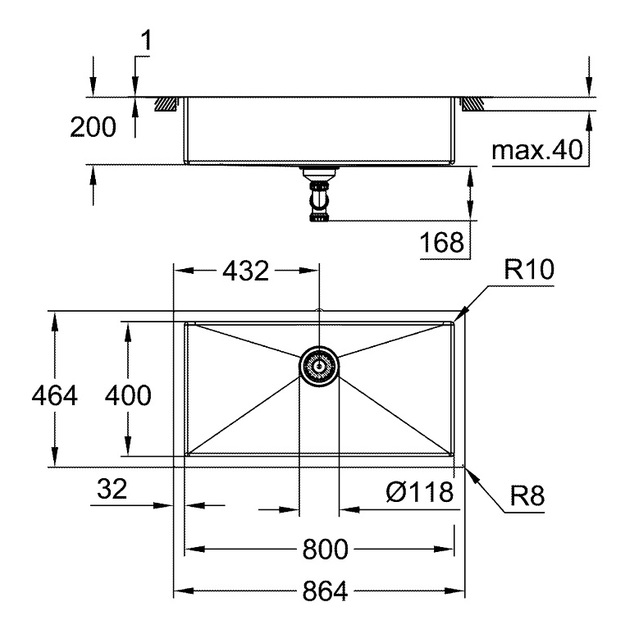 Grohe nerūdijančio plieno plautuvė K700, dubuo 80 x 40 cm