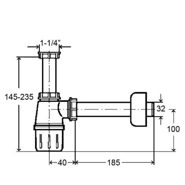Praustuvo sifonas butelinis, be ventilio 1 1/4 x 32, plastikinis