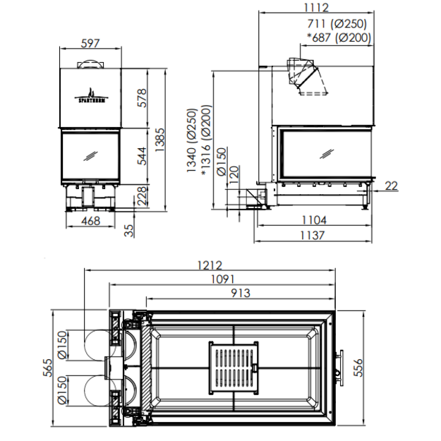 Plieninis židinio ugniakuras Spartherm ARTE U-90h-4S, d.200