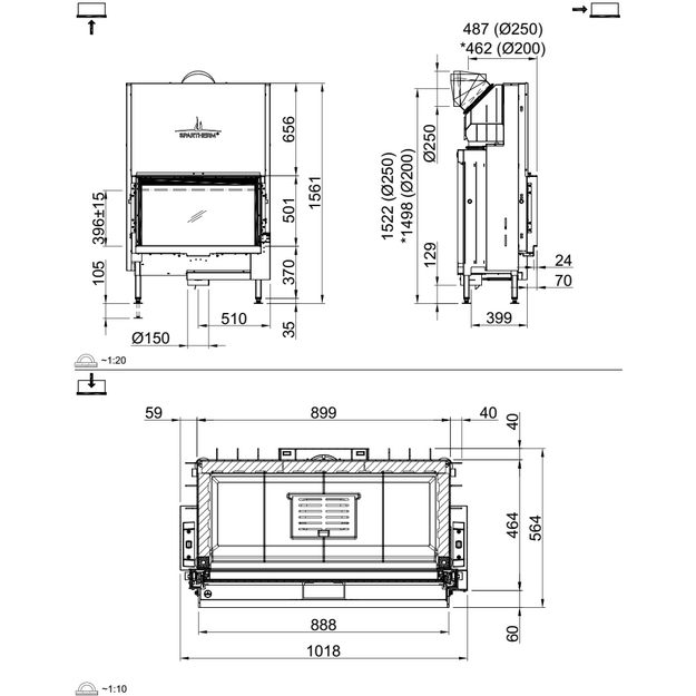 Plieninis židinio ugniakuras Spartherm Premium V-1V-87h, &oslash;200 mm, tiesiu stiklu