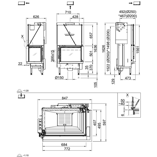 Plieninis židinio ugniakuras Spartherm Premium V-2R-68h, &oslash;200 mm, su kampiniu stiklu de&scaron;inėje