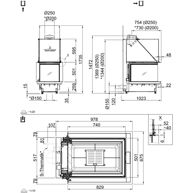 Plieninis židinio ugniakuras Spartherm Premium A-U-70h, &oslash; 200 mm, trimis stiklais