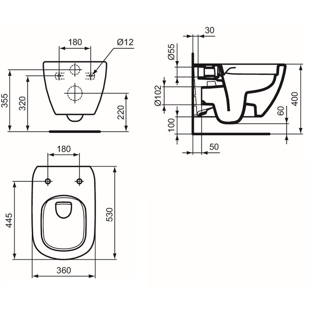 Ideal Standard Tesi pakabinamas unitazas, Rimless LS+, EASYFIX tvirtinimas, baltas