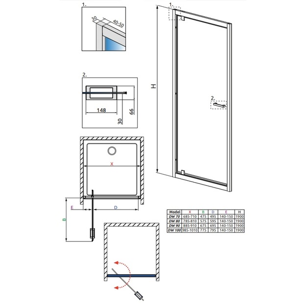 Du&scaron;o durys Radaway Twist DW 90, 885-910 x1900, stiklas skaidrus