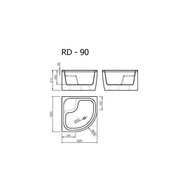Akmens masės du&scaron;o padėklas RD-90  90x90x51 cm, pusapvalis, gilus, R-550, su apdaila, be sifono, be kojelių balta blizgi