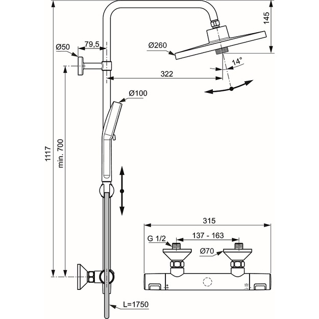 Ideal Standard Ceratherm T25+ du&scaron;o sistema su termostatiniu mai&scaron;ytuvu, du&scaron;o galva &Oslash;260 mm, rankinis du&scaron;as &Oslash;100 mm, chrom