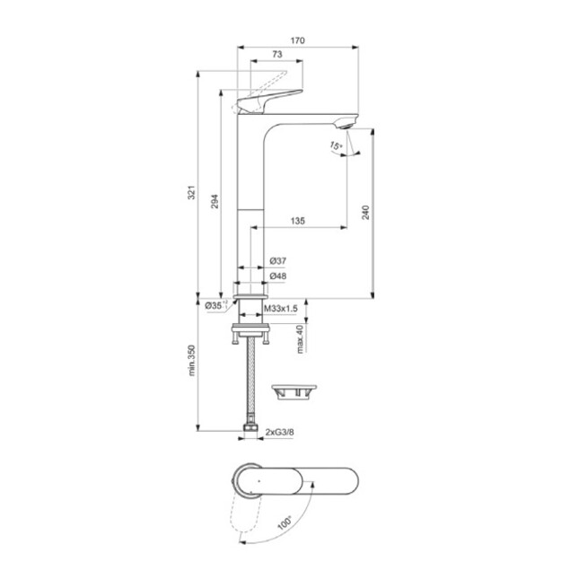 Praustuvo mai&scaron;ytuvas Ideal Standard CeraLife O H240 be dugno vožtuvo, BlueStart, 3,8 l/min, matinė juoda