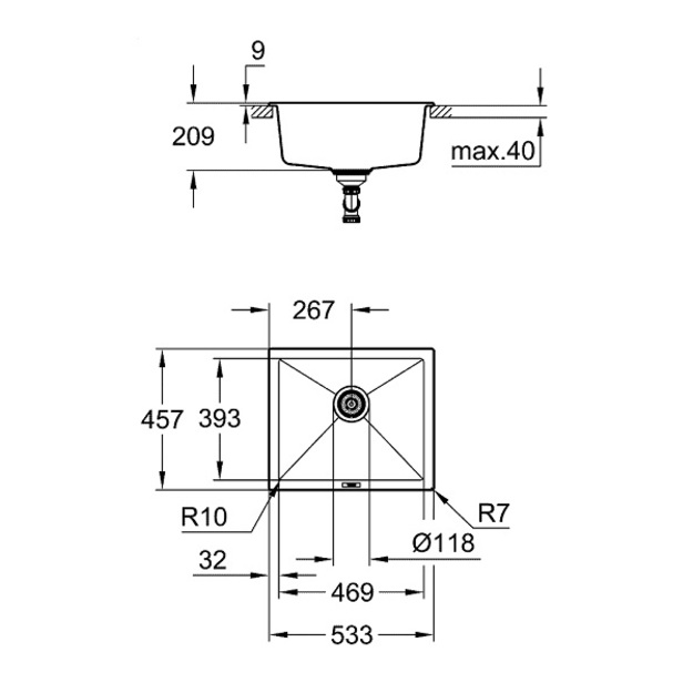 Grohe akmens masės plautuvė montuojama stalvir&scaron;io apačioje K700U, 533 x 457 mm, granito juoda spalva