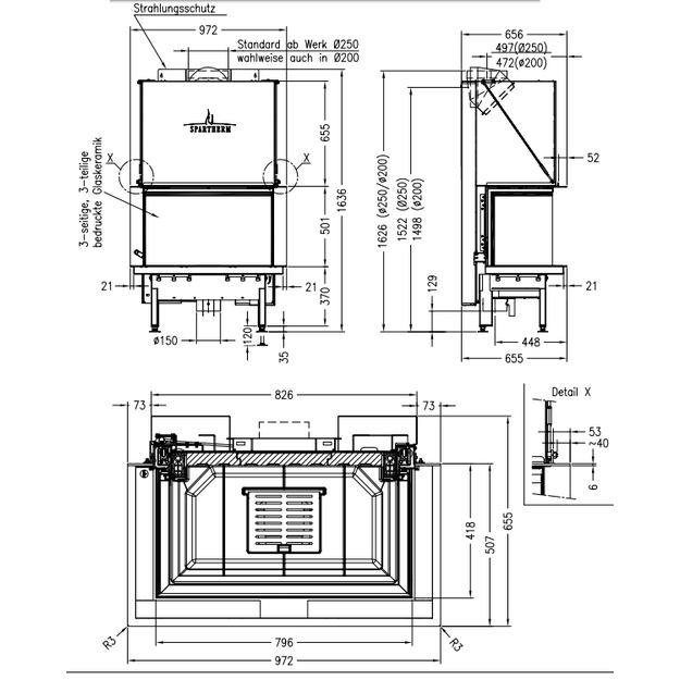 Plieninis židinio ugniakuras Spartherm Premium A-3RL-80h, trimis stiklais (d.200)